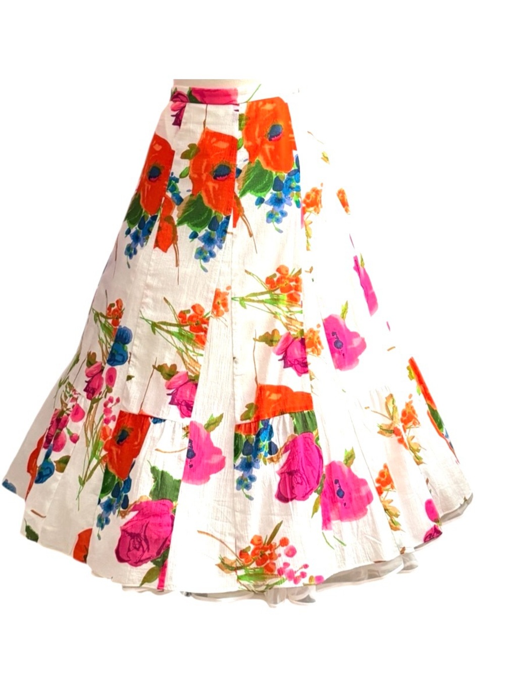 Floral A-Line Maxi Skirt in White with Pink & Orange Blooms